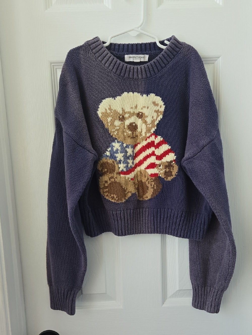Grayson Threads Navy Teddy Sweater with Red, White & Blue Accent, Damaged